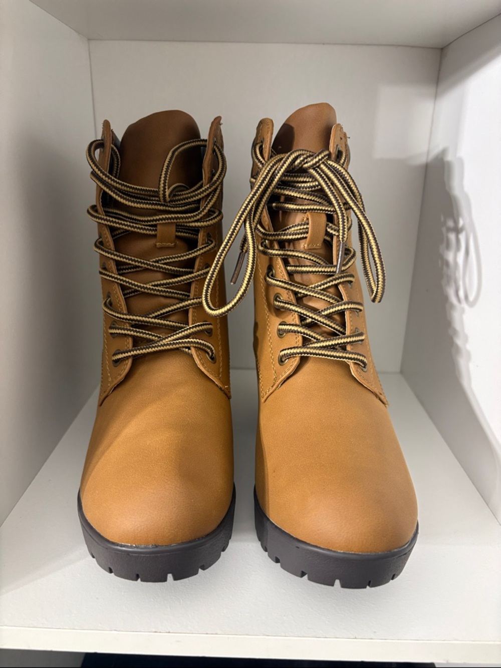 Forever Tan Lace-Up Chunky Heel Ankle Boots with Dark Brown Collar - Picture 5 of 8